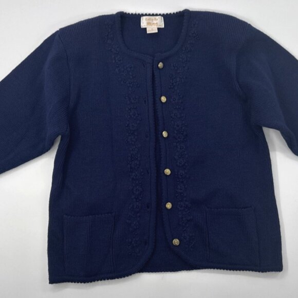 Vintage Tally Ho Womens Cardigan Sweater Navy Medium Gold Buttons Shoulder Pads - Picture 1 of 12